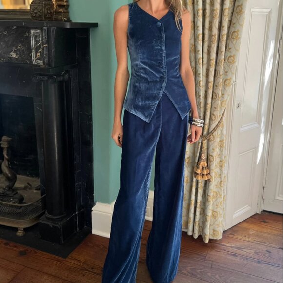 Julia Amory Pants - Julia Amory Julia Velvet Wide Leg Pants and Tess Vest Set in Azure Blue